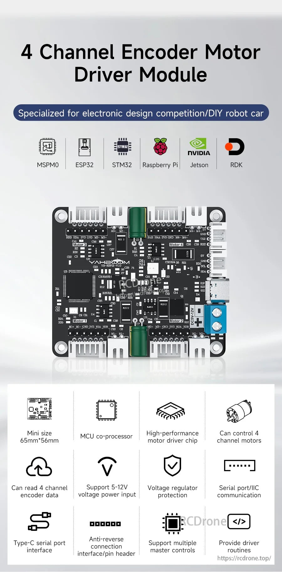 Yahboom 4-channel encoder motor drive module board for robot car, STM32F103 coprocessor and Type‑C port