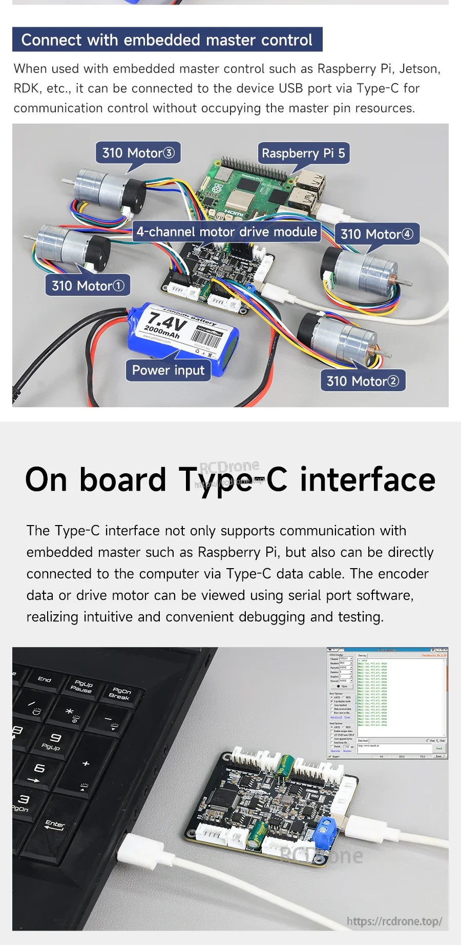 Type‑C interface usage graphic showing connection to embedded master control and to a computer for serial debugging