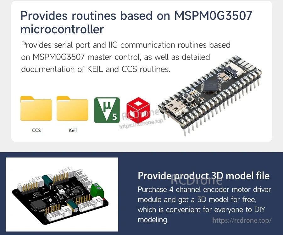 Motor driver module promo showing MSPM0G3507 code routines, KEIL/CCS files, and a pin‑header board with USB port