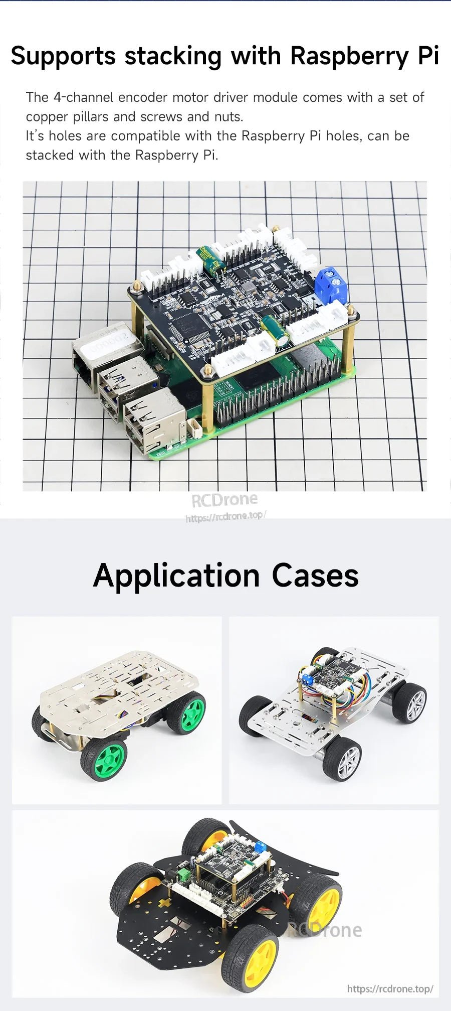 Yahboom 4-channel encoder motor driver module stacked on a Raspberry Pi using copper standoffs and screws