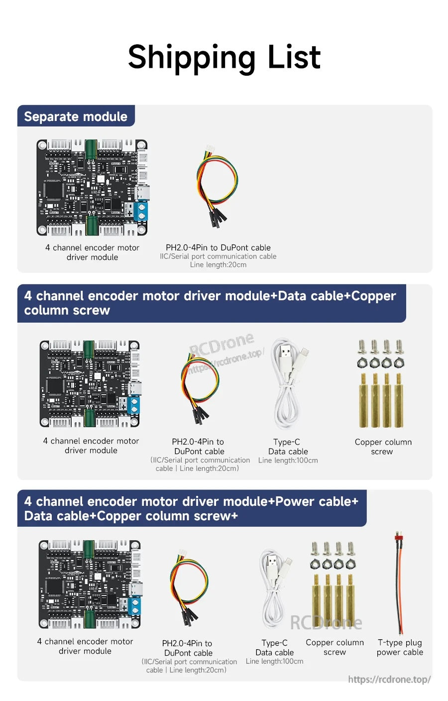 Shipping list for Yahboom 4-channel encoder motor driver module with PH2.0-to-Dupont cable, USB-C cable, standoffs and screws