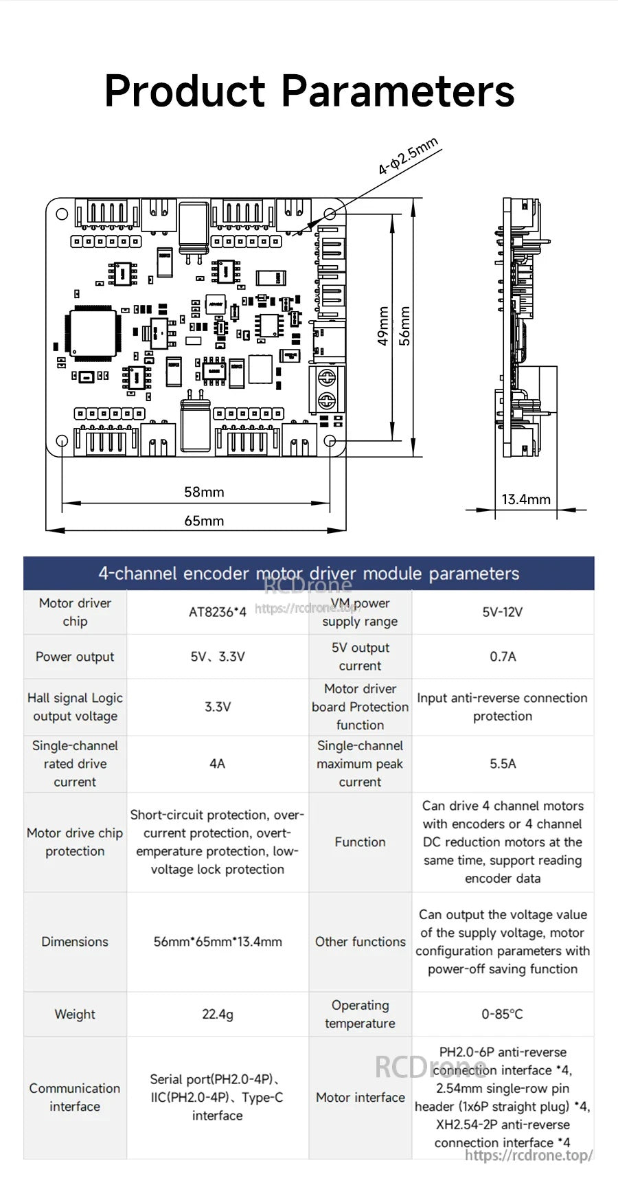Product parameters sheet for Yahboom 4-channel encoder motor drive module with board diagram and 65×56×13.4 mm size