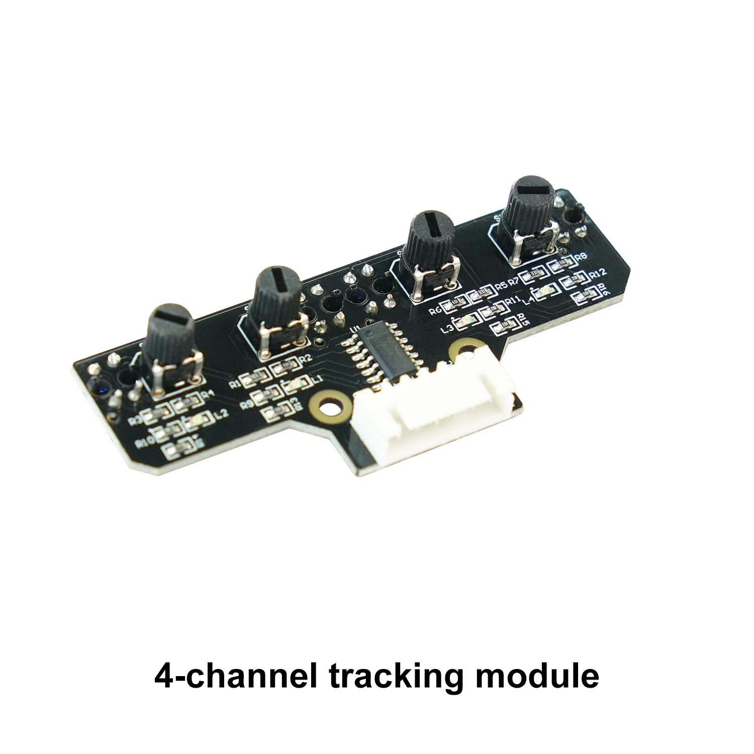 Angled view of 4-channel tracking module showing four adjustment knobs and 6-pin XH2.54 connector