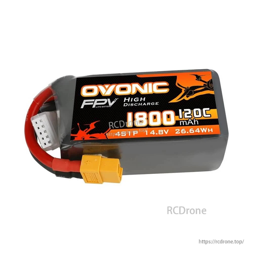 Side view of Ovonic FPV 4S1P 1800mAh 14.8V 120C LiPo battery label with XT60 lead