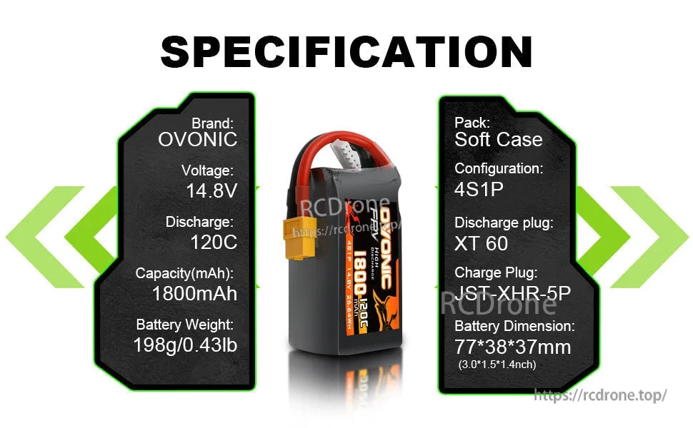 Specification table for Ovonic 4S 1800mAh 14.8V 120C LiPo battery with XT60 and JST-XHR-5P details