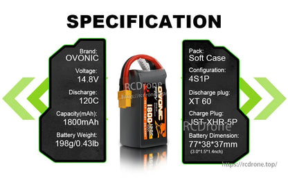 Specification table for Ovonic 4S 1800mAh 14.8V 120C LiPo battery with XT60 and JST-XHR-5P details