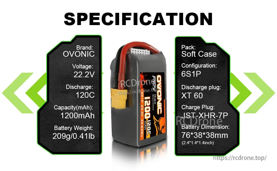 Specification graphic for 4× Ovonic 120C 6S 1200mAh 22.2V LiPo Battery, XT60 and balance plug details
