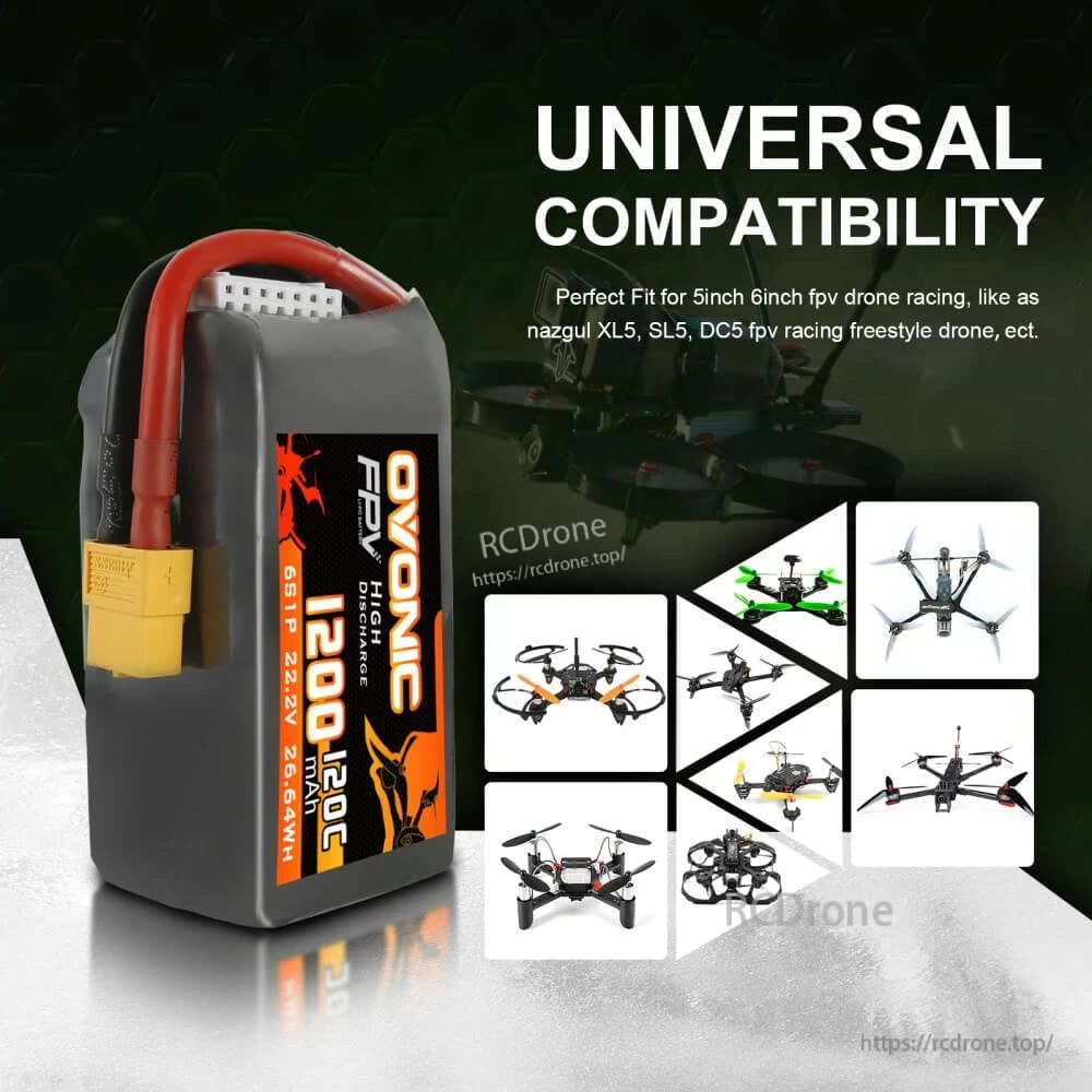 Universal compatibility graphic showing Ovonic 1200mAh 6S LiPo battery for FPV drone use with multiple drone illustrations