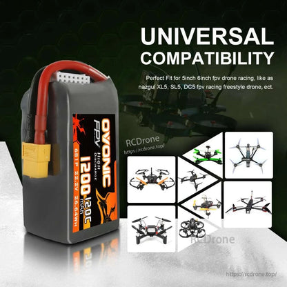 Universal compatibility graphic showing Ovonic 1200mAh 6S LiPo battery for FPV drone use with multiple drone illustrations