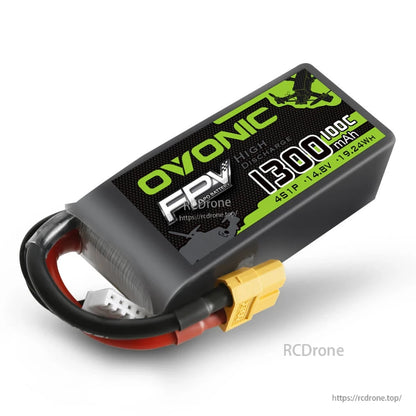 Single Ovonic FPV 1300mAh 4S1P 14.8V 100C LiPo battery close view with XT60 plug and balance connector