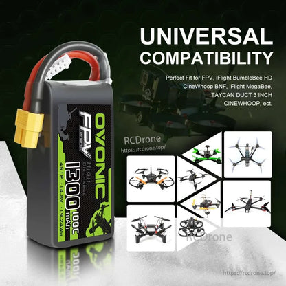 Universal compatibility infographic showing Ovonic 1300mAh 4S LiPo battery alongside FPV drone illustrations