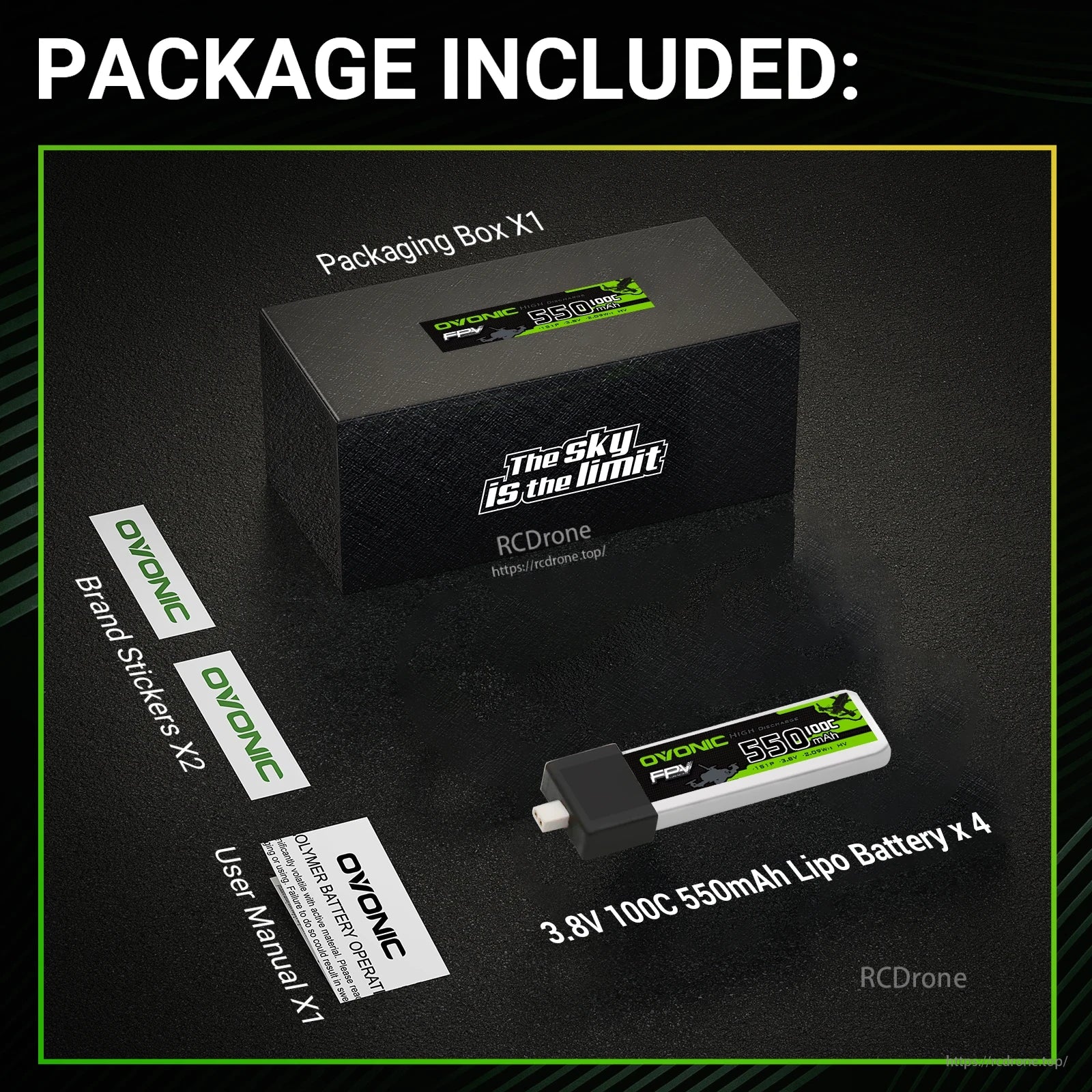 Package contents: box, 4 batteries, user manual and two Ovonic brand stickers