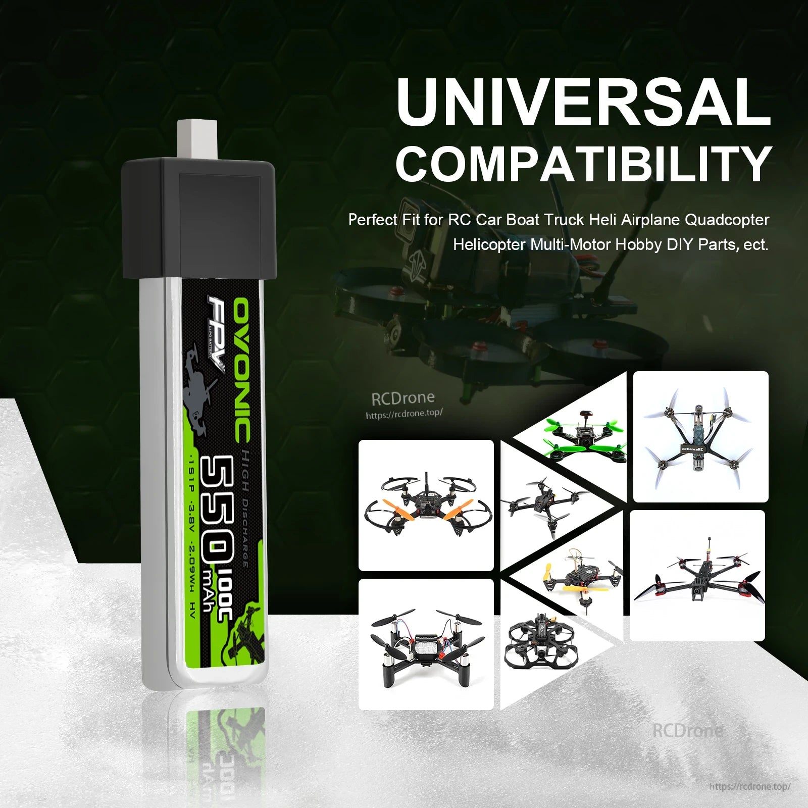 Universal compatibility graphic showing 550mAh LiPo battery with RC drones and multirotor examples