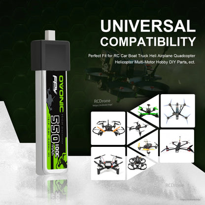 Universal compatibility graphic showing 550mAh LiPo battery with RC drones and multirotor examples