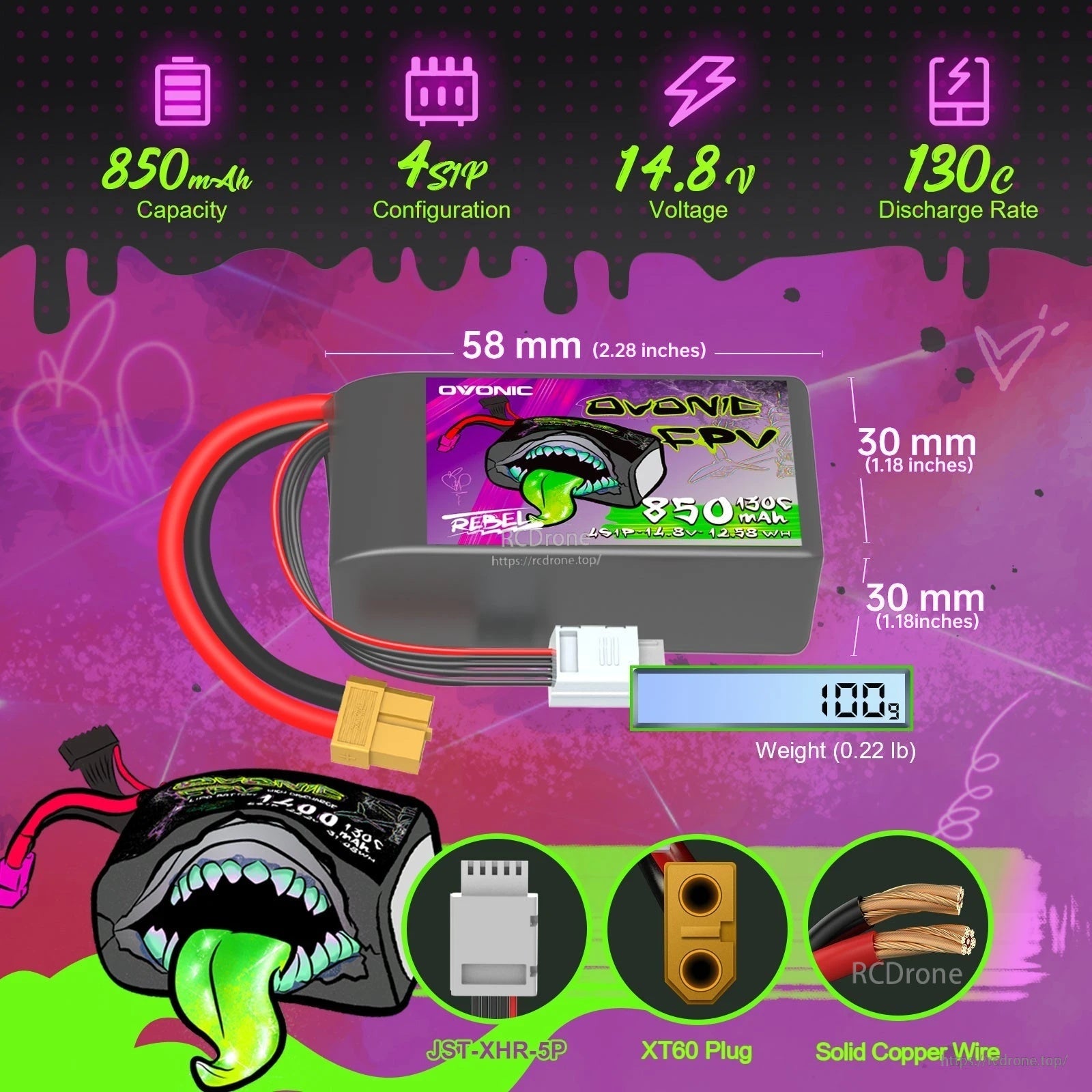 Ovonic Rebel 2.0 850mAh 4S 14.8V 130C LiPo with XT60 and JST-XHR balance lead, 58×30×30mm