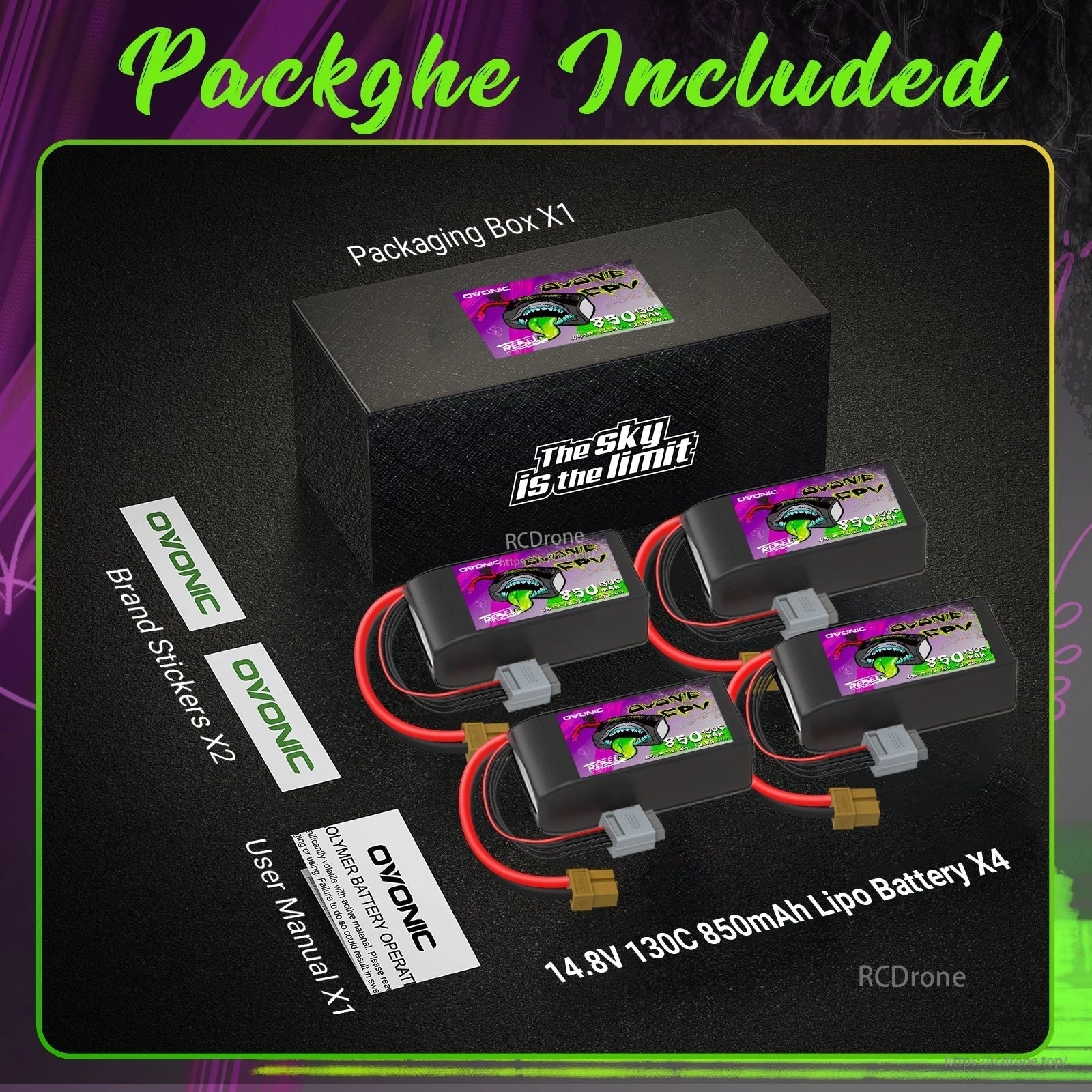Package contents: four Ovonic Rebel 2.0 14.8V 850mAh 130C 4S LiPo batteries, box, stickers, and user manual