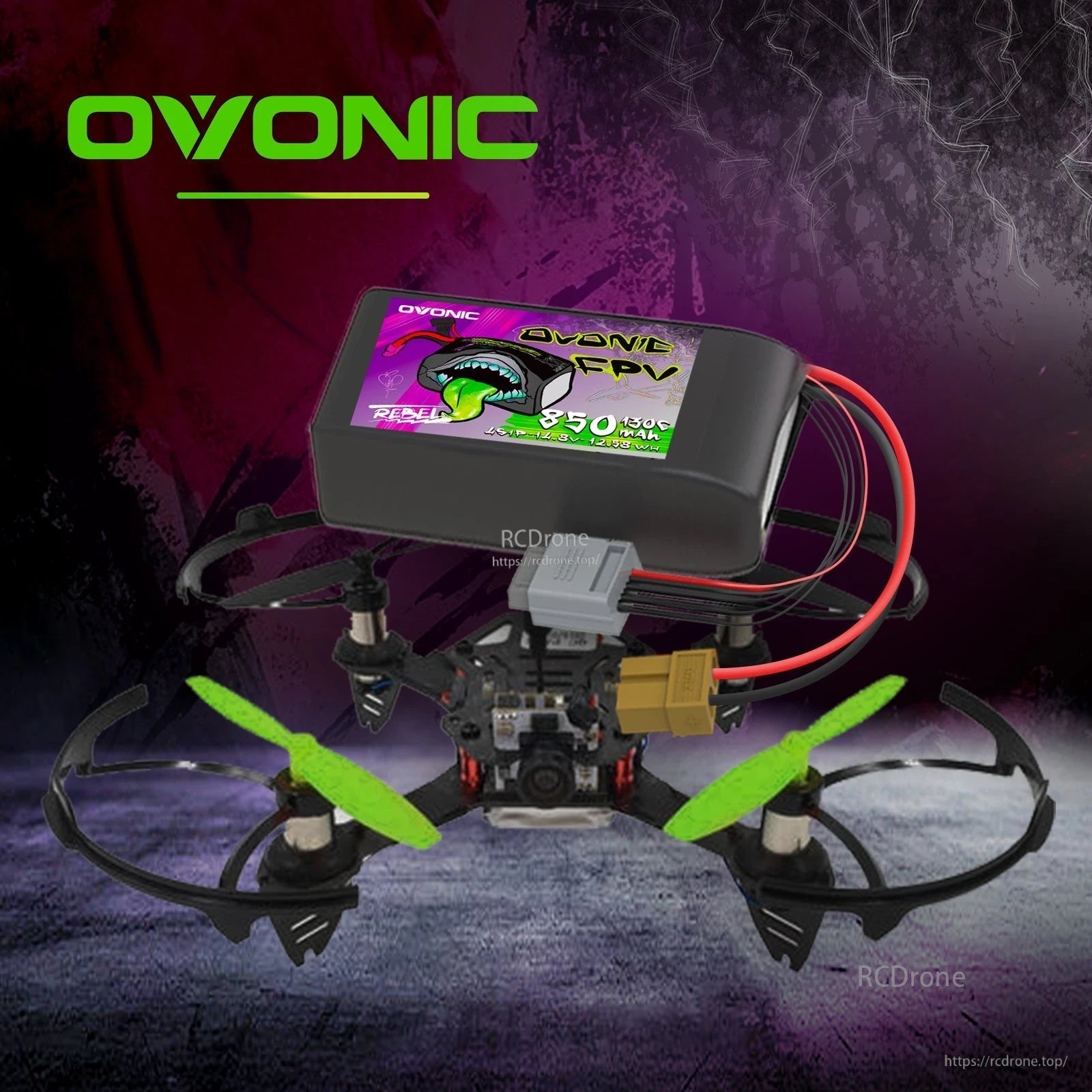 Ovonic Rebel FPV LiPo battery mounted on a small cinewhoop-style FPV drone, XT60 lead shown
