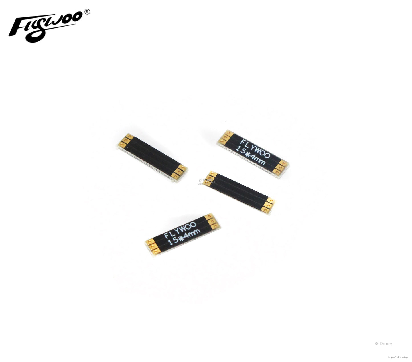 Set of four Flywoo frame arm boards with gold solder pads, labeled 15×4mm, for compact drone wiring
