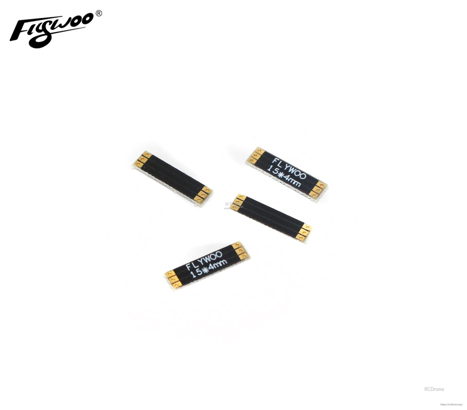 Set of four Flywoo frame arm boards with gold solder pads, labeled 15×4mm, for compact drone wiring