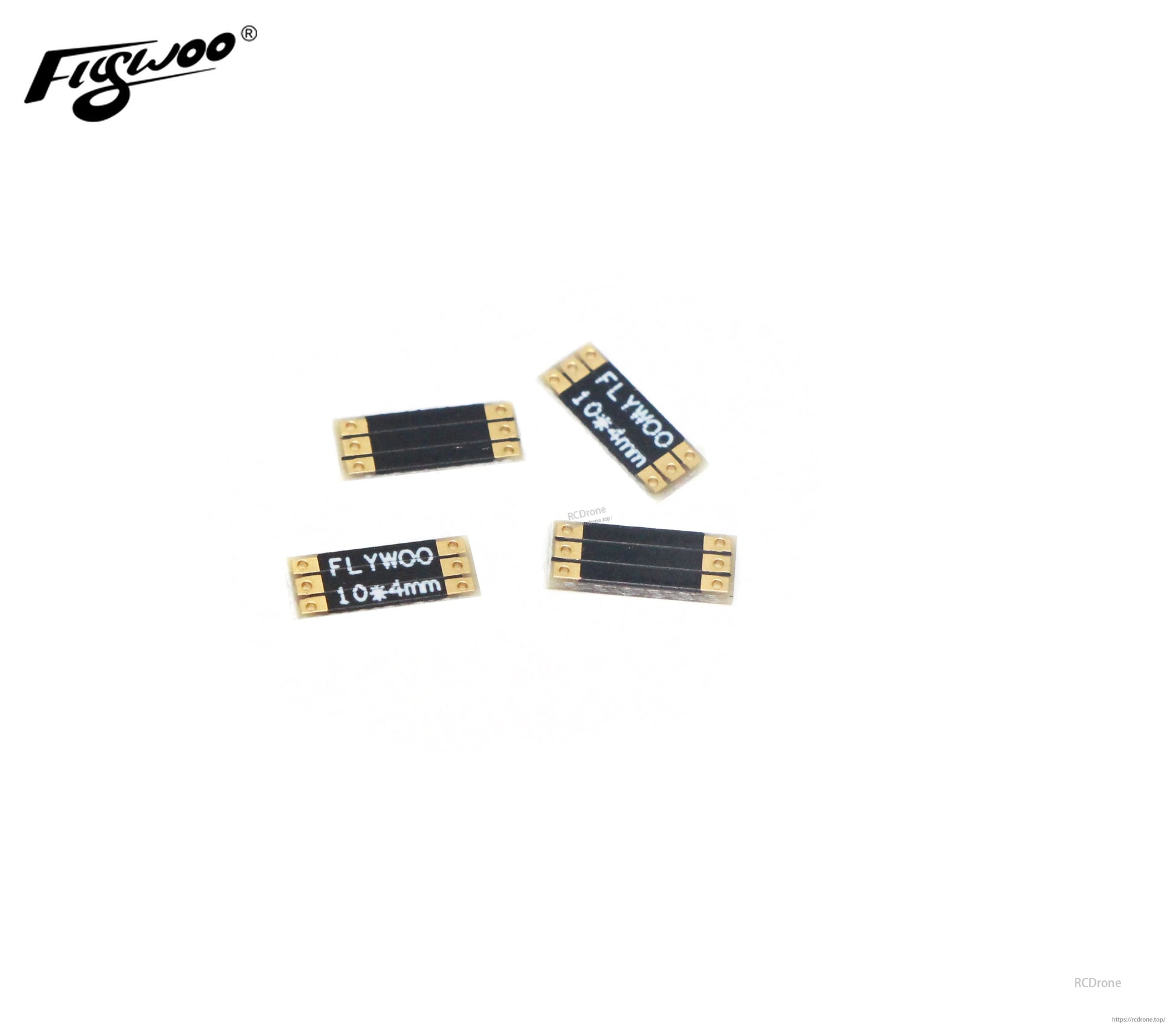 Set of four FLYWOO frame arm boards labeled 10×4mm with gold solder pads on both ends
