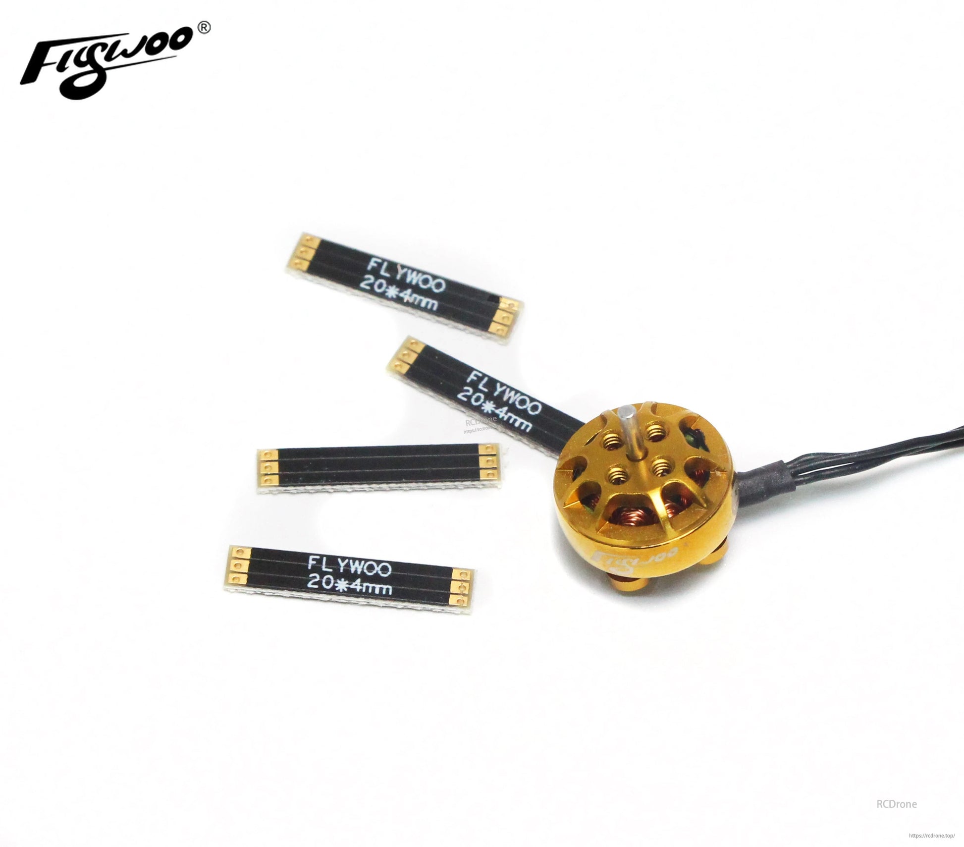 Four Flywoo frame arm boards labeled 20×4mm with gold solder pads, next to a small brushless drone motor