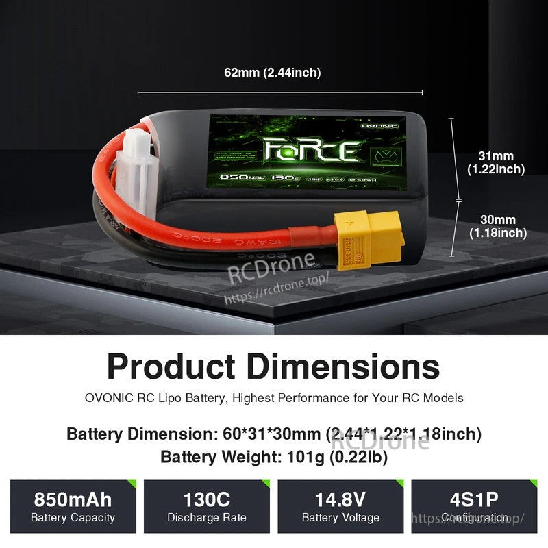 Ovonic Force 4S 850mAh LiPo battery with dimension callouts (62×31×30mm) and 101g weight