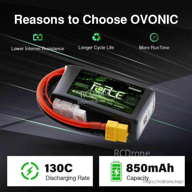 Ovonic Force 4S 850mAh LiPo highlighting 130C discharge rate and performance benefits (lower resistance, longer cycle life)
