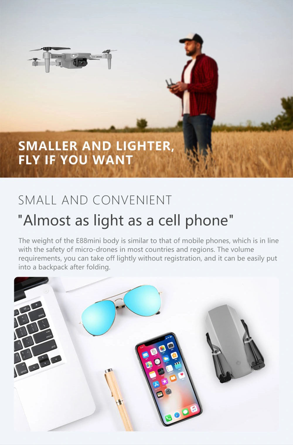 E88 Drone WiFi Fpv Mini Drone with Dual 4K HD Camera Wide-Angle Lens Mini Drone 10 E88 Drone, the e88mini body is similar to that of mobile phones