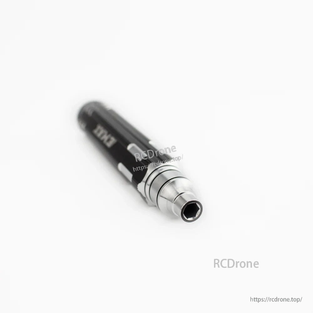 Front end of the EMAX screwdriver handle showing the hex socket opening for the interchangeable shafts
