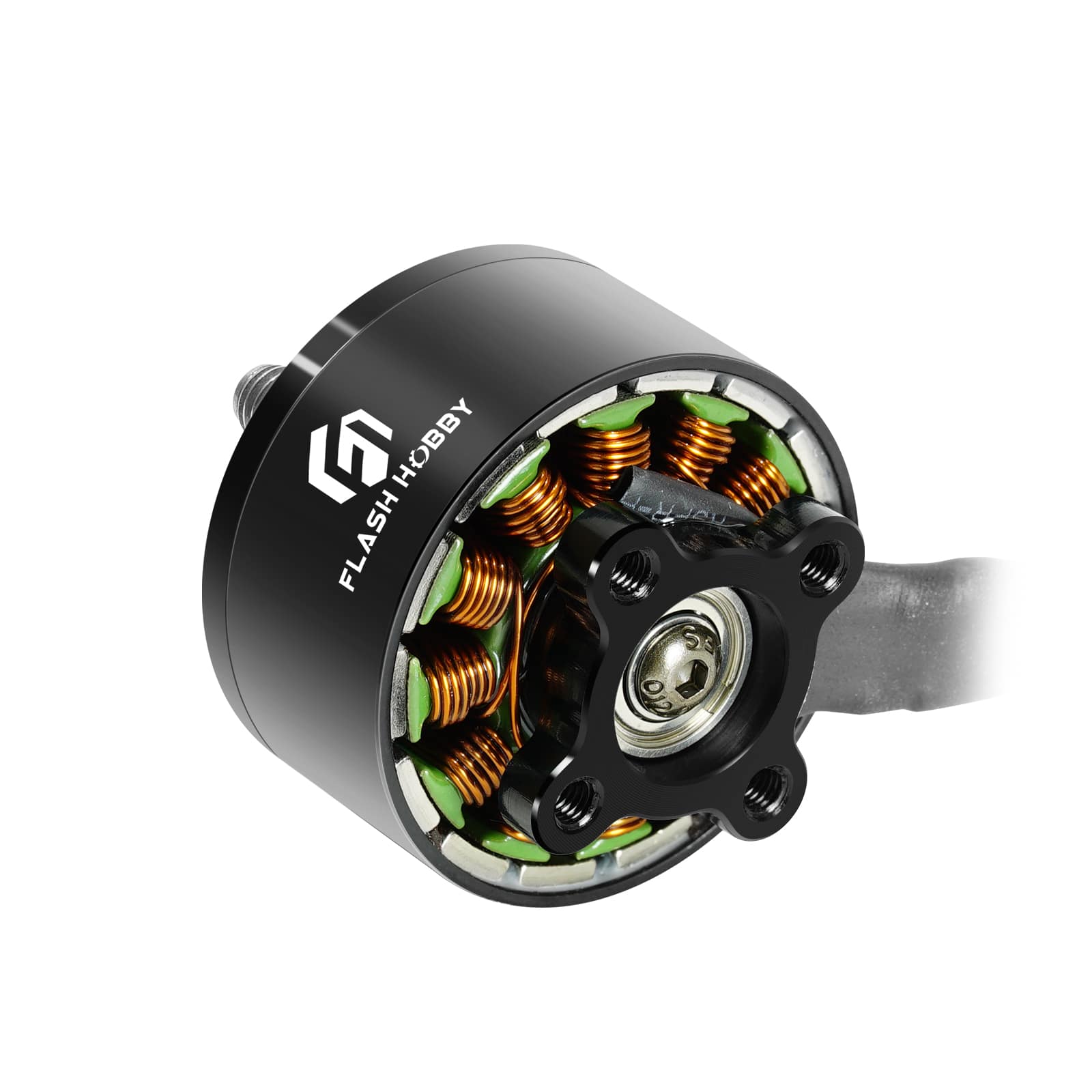 Flashhobby A2812 900KV brushless motor close-up with exposed copper windings and four-hole mounting plate