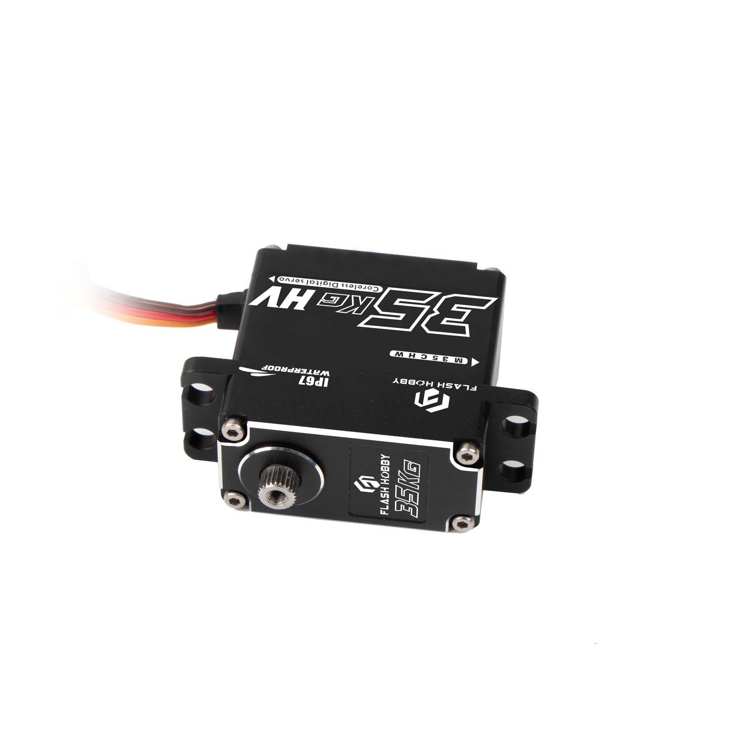 Flashhobby M35CHW Coreless Digital Servo, Flashhobby M35CHW 35KG HV coreless digital servo with metal output spline, mounting tabs, and 3-wire lead