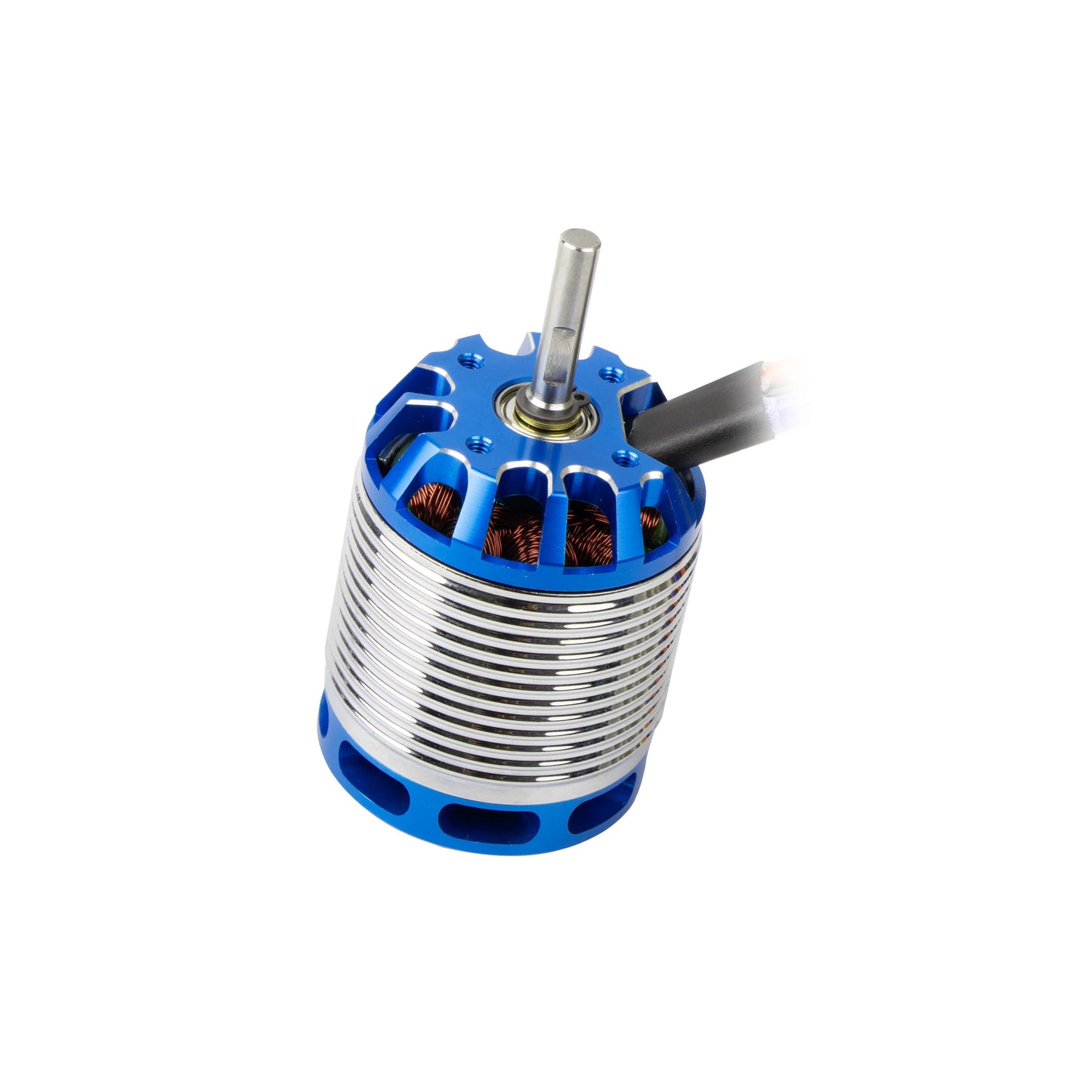 Flashhobby H600 550KV Helicopter Motor, Flashhobby H600 550KV brushless helicopter motor with blue end cap, finned silver body, and output shaft
