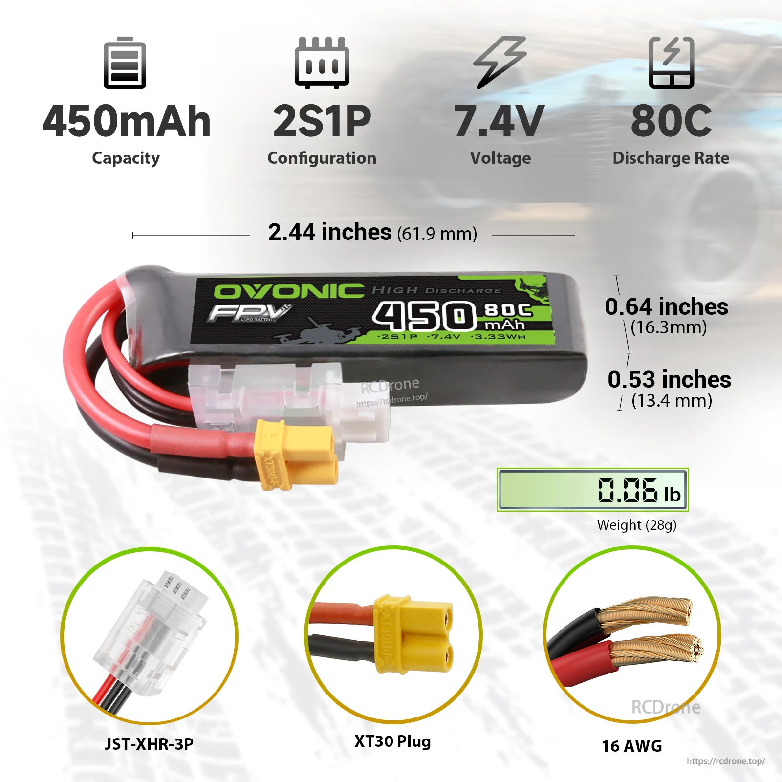OVONIC 2S 7.4V 450mAh 80C LiPo battery long size with XT30 plug, JST-XHR-3P balance and dimensions