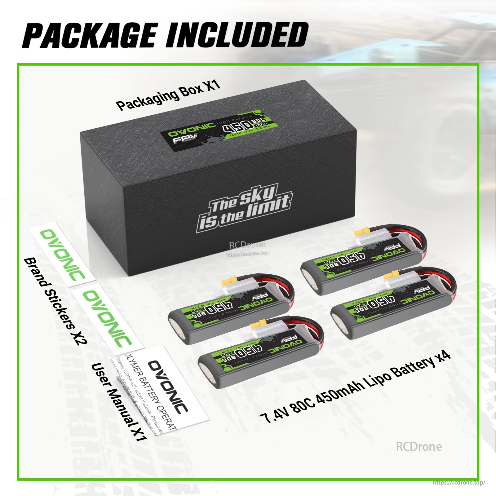 OVONIC 2S 7.4V 450mAh 80C LiPo Battery package contents: four packs, user manual, brand stickers and box