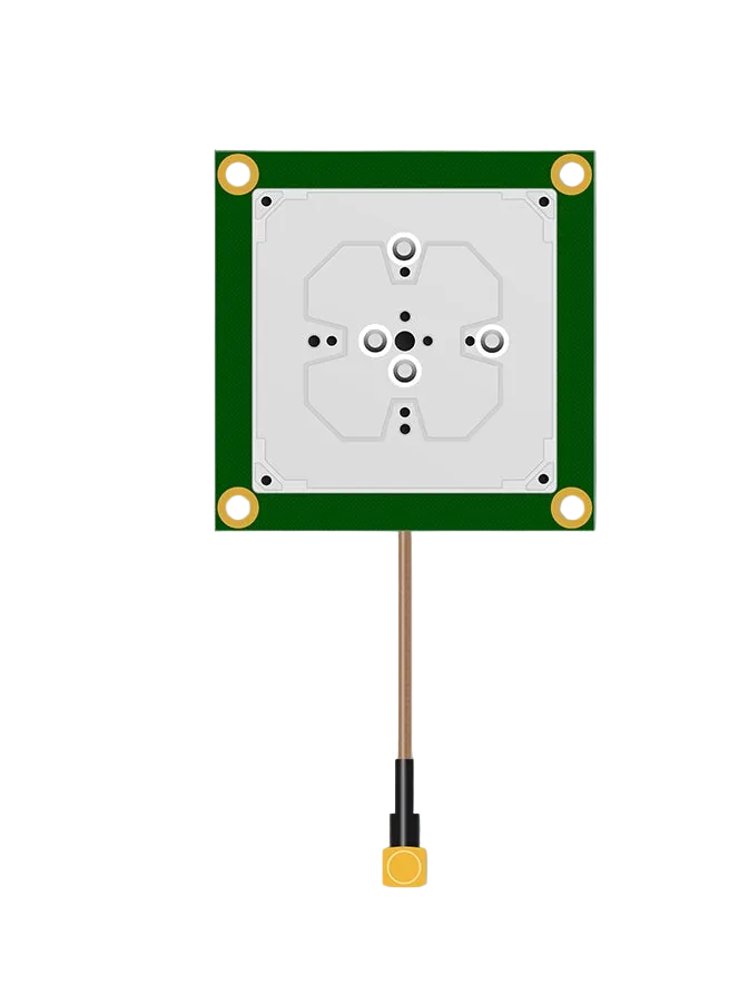 Single square GNSS antenna PCB with coax pigtail and MCX connector, top view