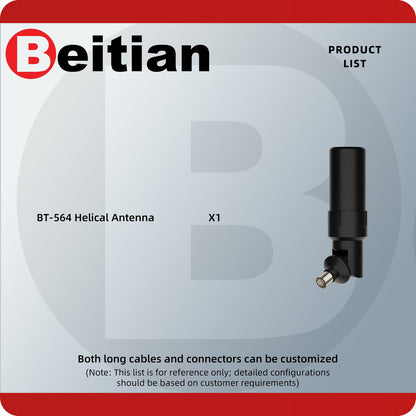 Beitian BT-564 package contents list showing 1× helical antenna (cables/connectors customizable note)
