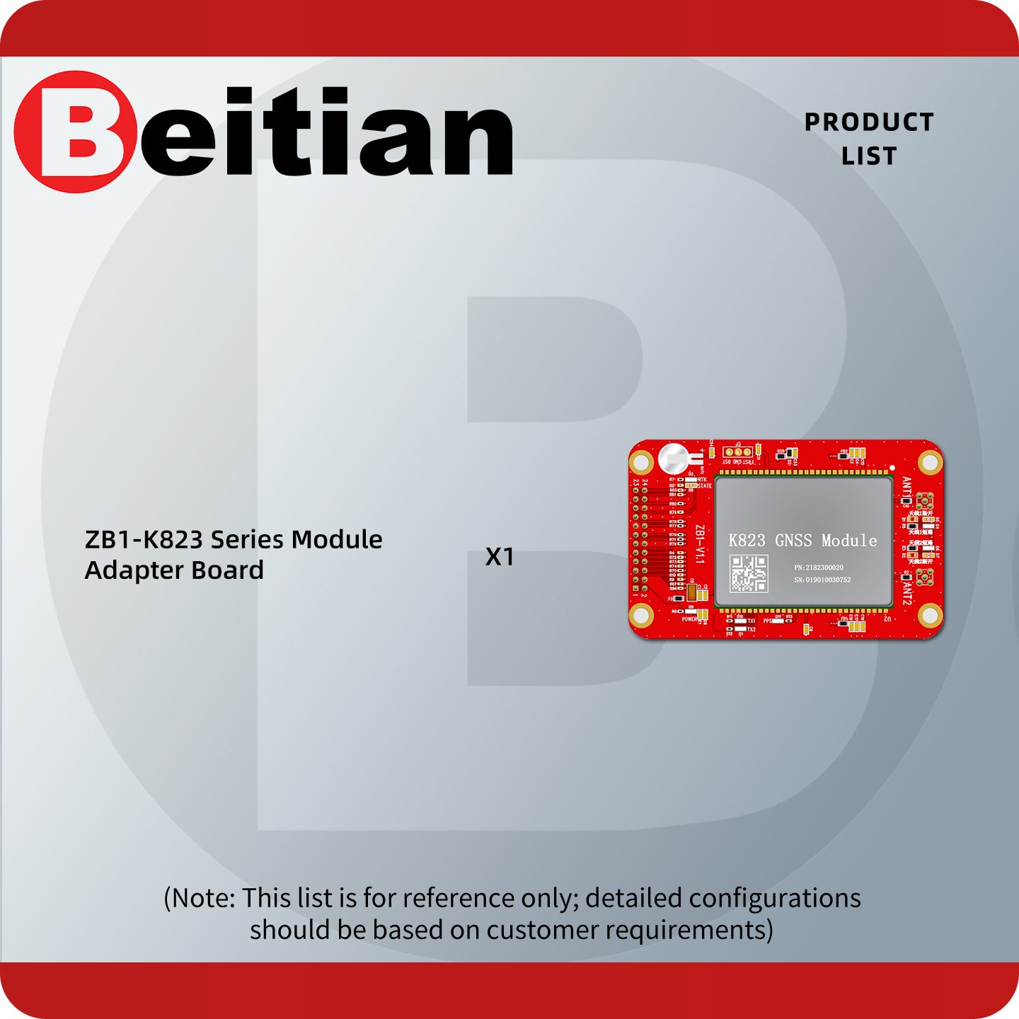 Product list graphic showing ZB1-K823 series module adapter board quantity x1