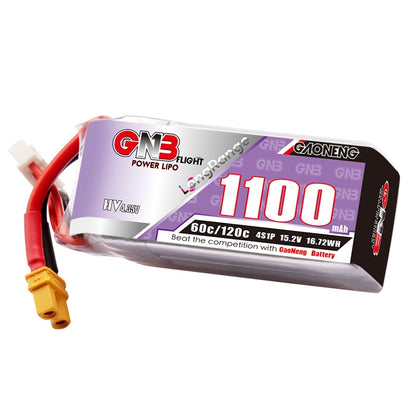 Angled view of GAONENG GNB1100 4S 15.2V 1100mAh LiHV LiPo battery showing label and XT30 plug