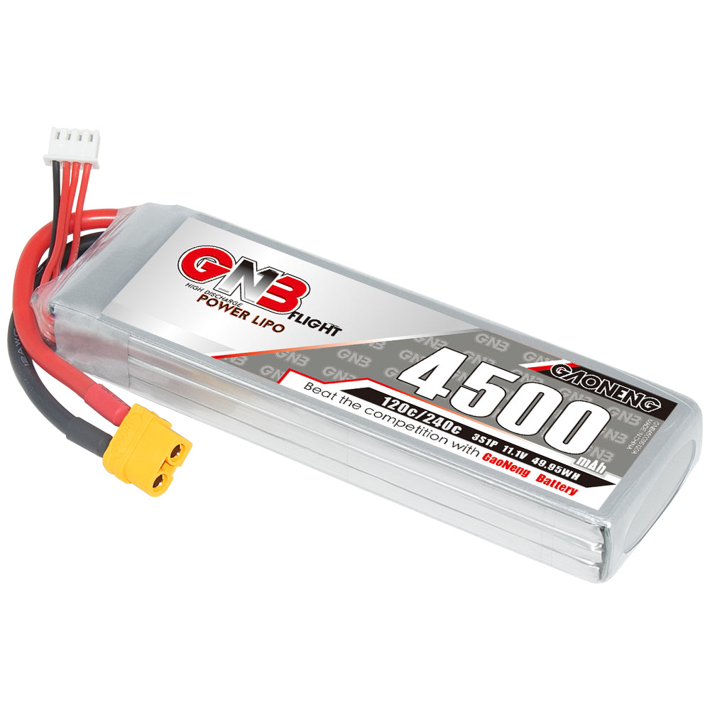 GNB 4500mAh 3S 11.1V 120C LiPo battery pack with XT60 plug and balance lead, angled view