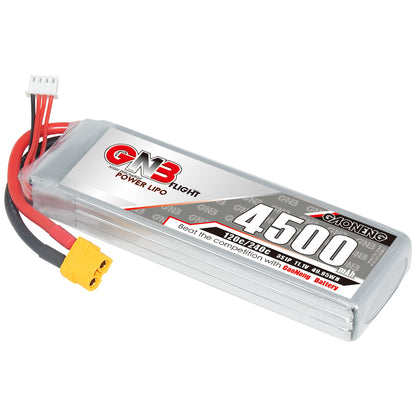 GNB 4500mAh 3S 11.1V 120C LiPo battery pack with XT60 plug and balance lead, angled view