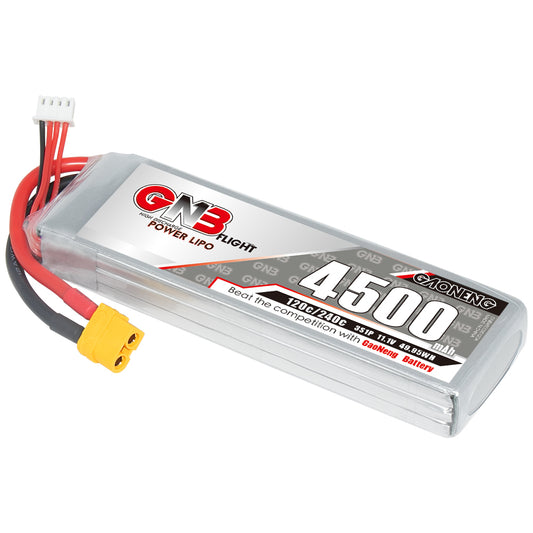 GNB 4500mAh 3S 11.1V 120C LiPo battery pack with XT60 plug and balance lead, angled view