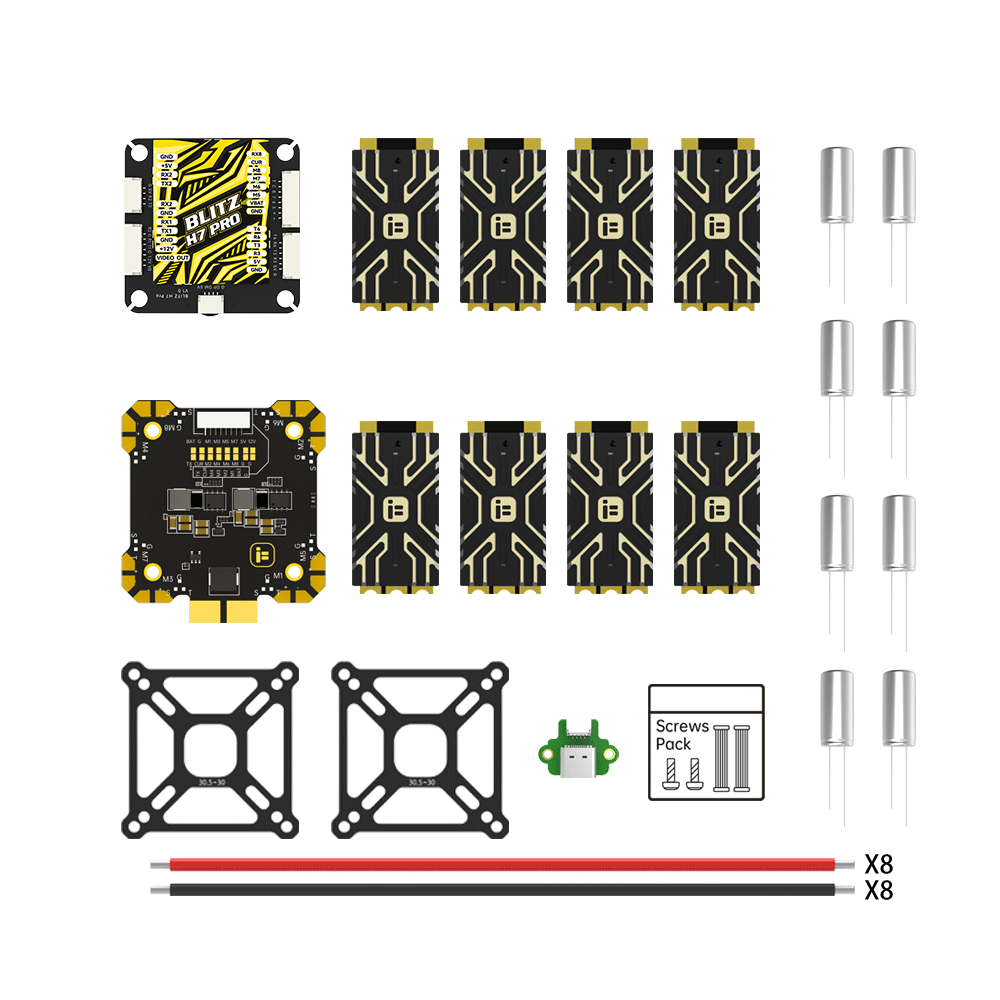 iFlight BLITZ H7 Pro flight controller kit with board, mounting plates, screws, wiring leads, and capacitors