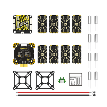 iFlight BLITZ H7 Pro flight controller kit with board, mounting plates, screws, wiring leads, and capacitors