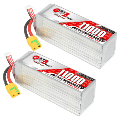 Two GAONENG GNB 11000mAh LiPo battery packs shown side by side with XT90S anti-spark connectors
