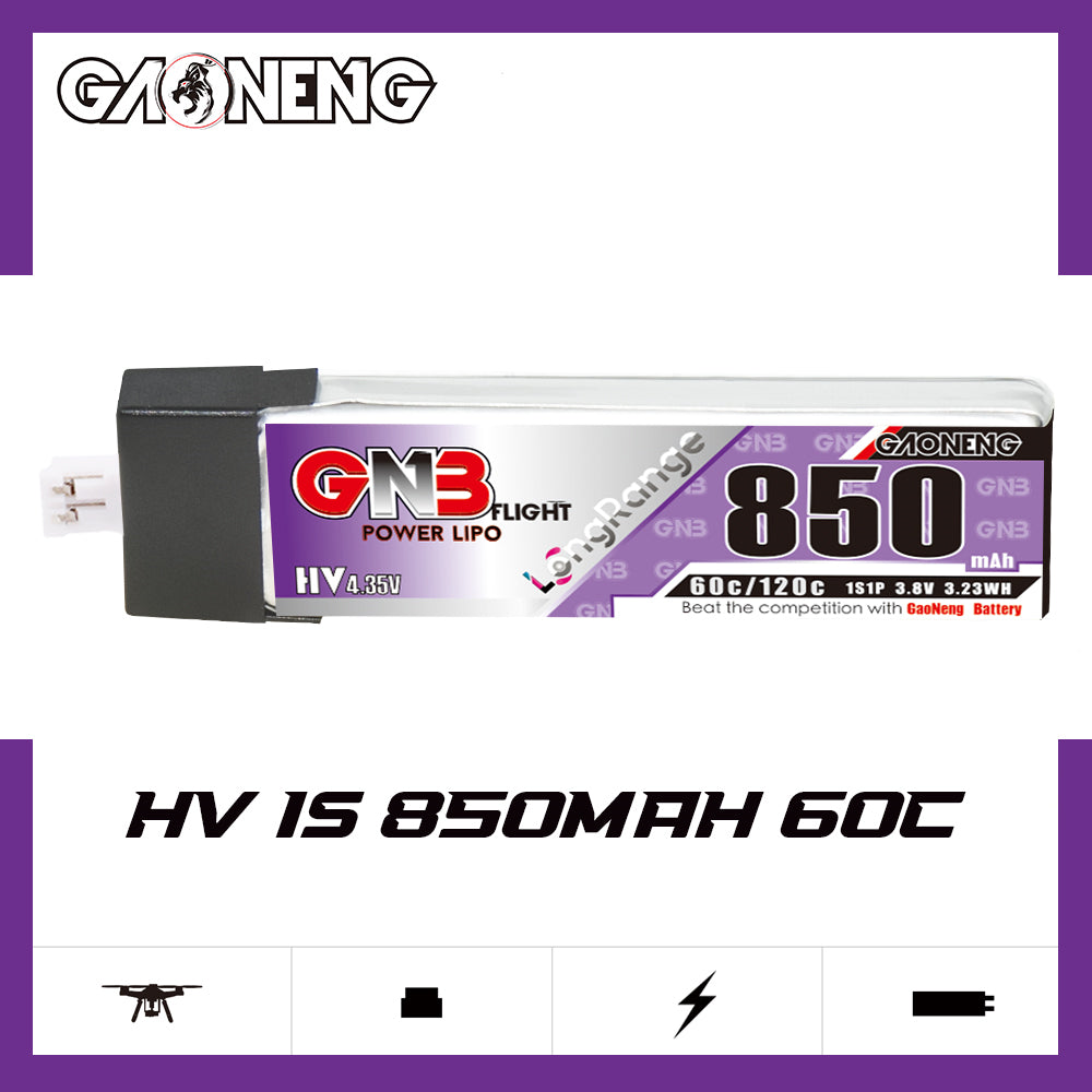 GAONENG GNB HV 1S 850mAh 60C LiPo battery promo graphic on white background