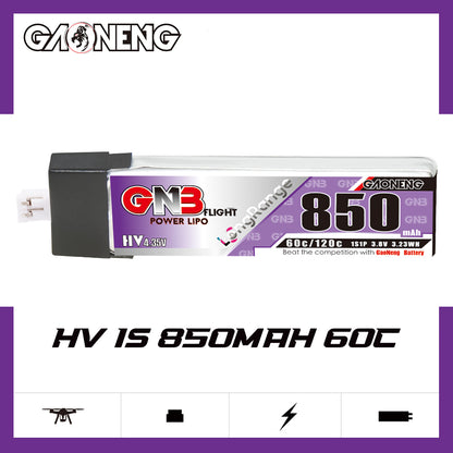 GAONENG GNB HV 1S 850mAh 60C LiPo battery promo graphic on white background