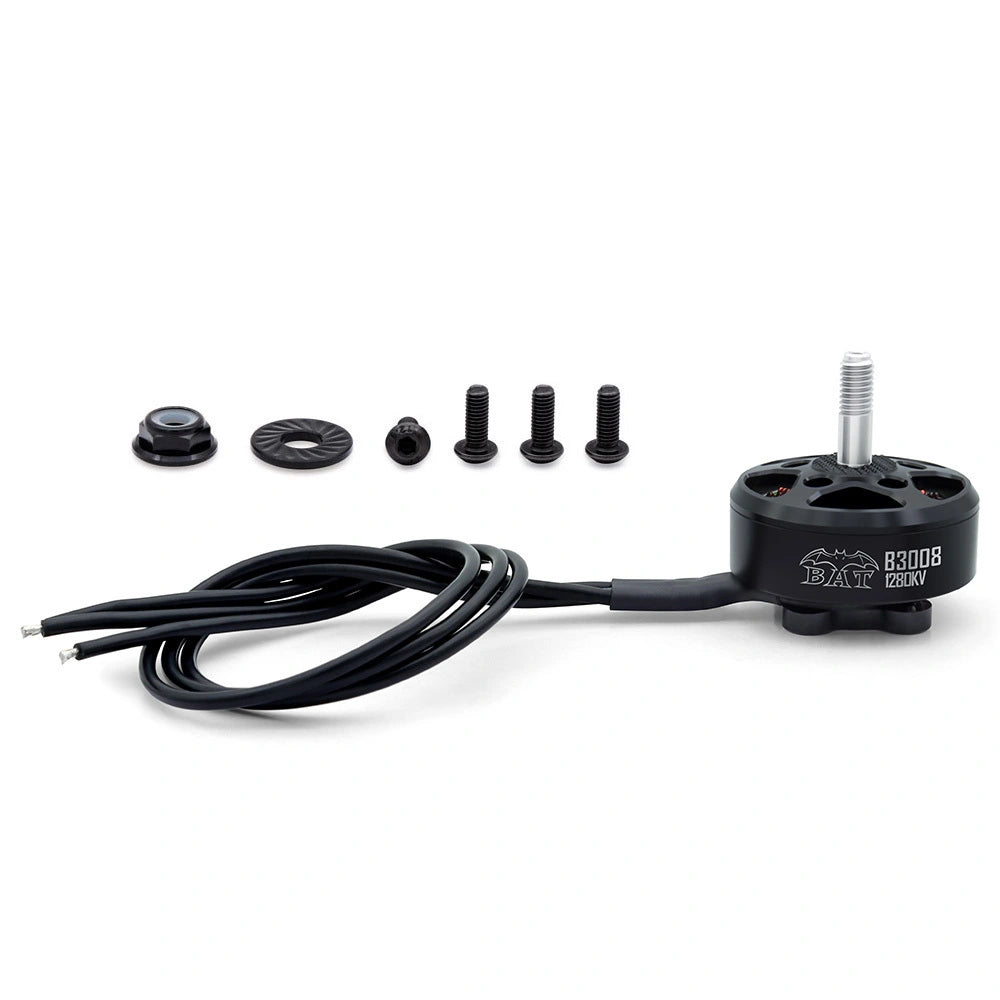 BAT B3008 1280KV motor with three lead wires, prop adapter, washer, nut, and mounting screws