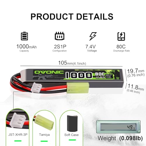 Ovonic 7.4V 1000mAh 2S1P 80C LiPo battery specs: 105mm length, 48g weight, Tamiya and JST-XHR-3P