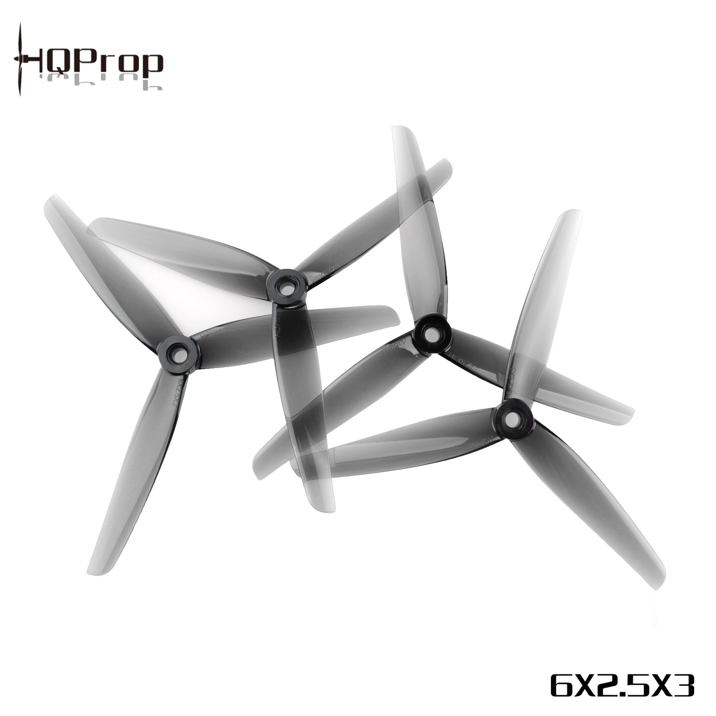 HQProp tri-blade propellers arranged as a set, with visible 6X2.5X3 size marking and logo