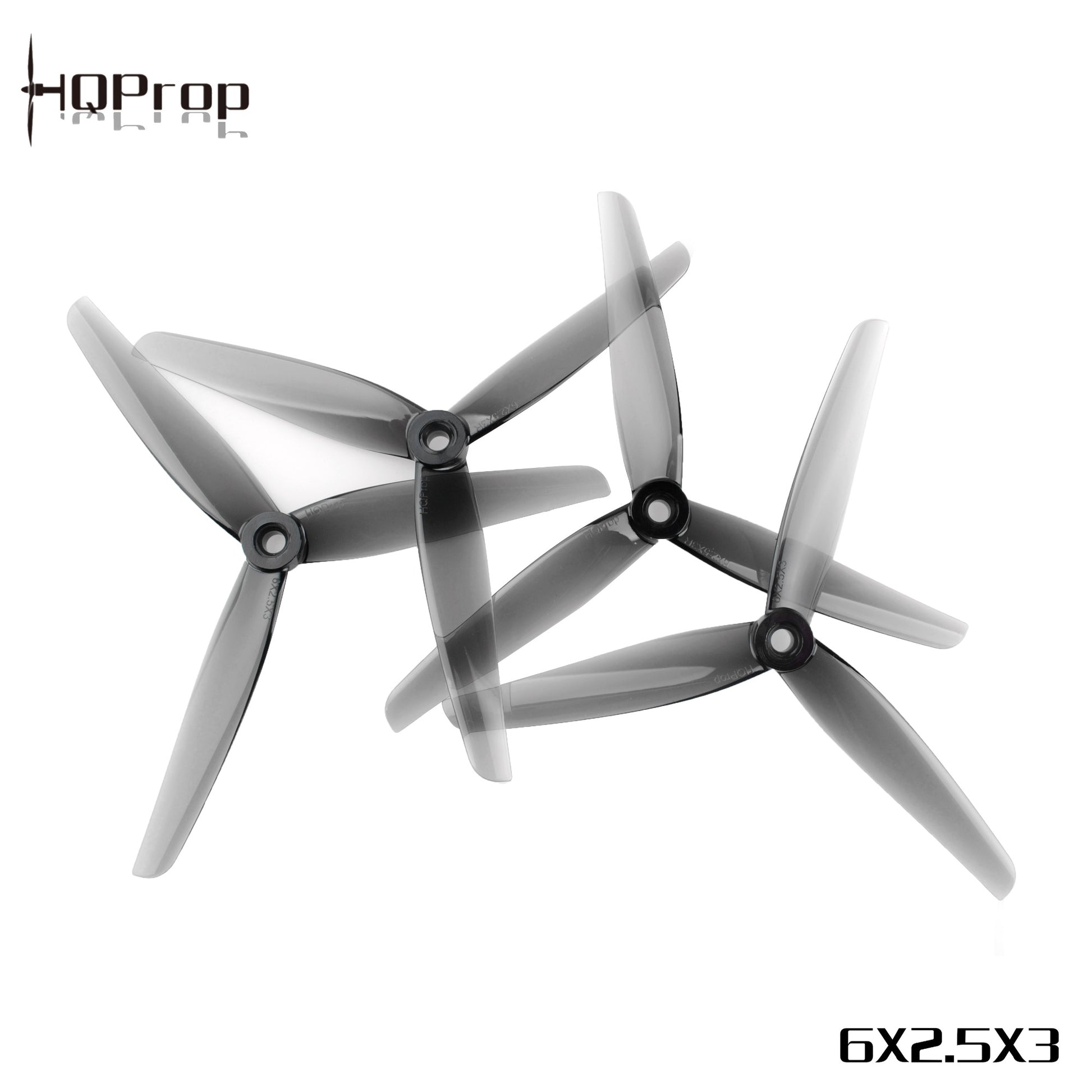 HQProp tri-blade propellers arranged as a set, with visible 6X2.5X3 size marking and logo